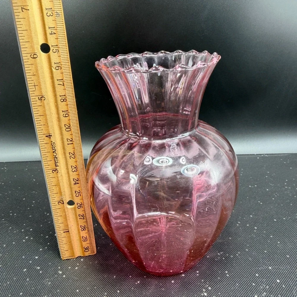 Vintage Pilgrim Glass Cranberry Pink Hand Blown Glass Vase Optic Rib Ruffled Rim